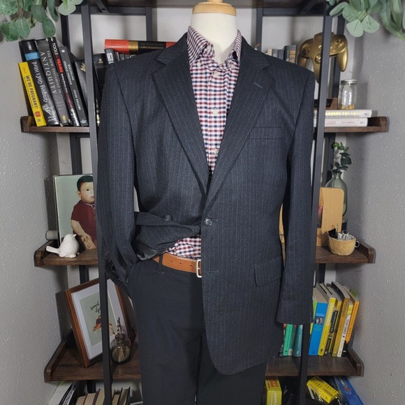 JOS A BANK Men's Flannel Sport Coat Two Button Black‎ Striped Wool Cashmere 43R